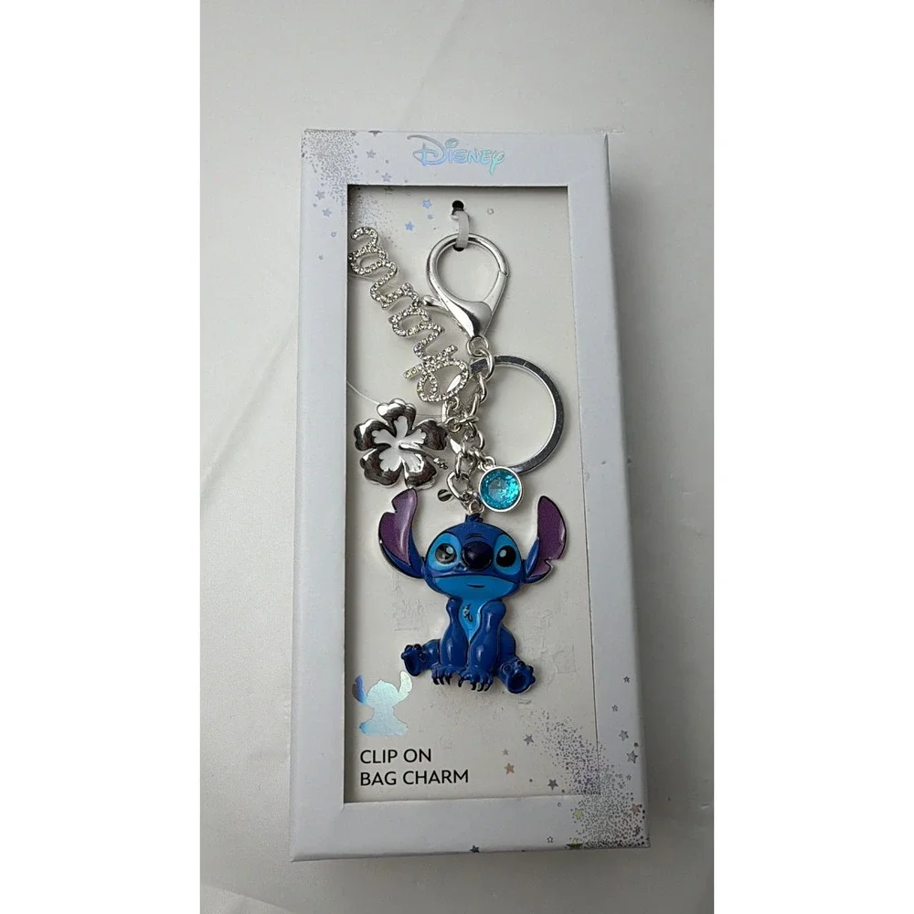 Disney Lilo & Stitch Ohana Enamel Bag Charm Keychain Silver Tone Blue Hibiscus